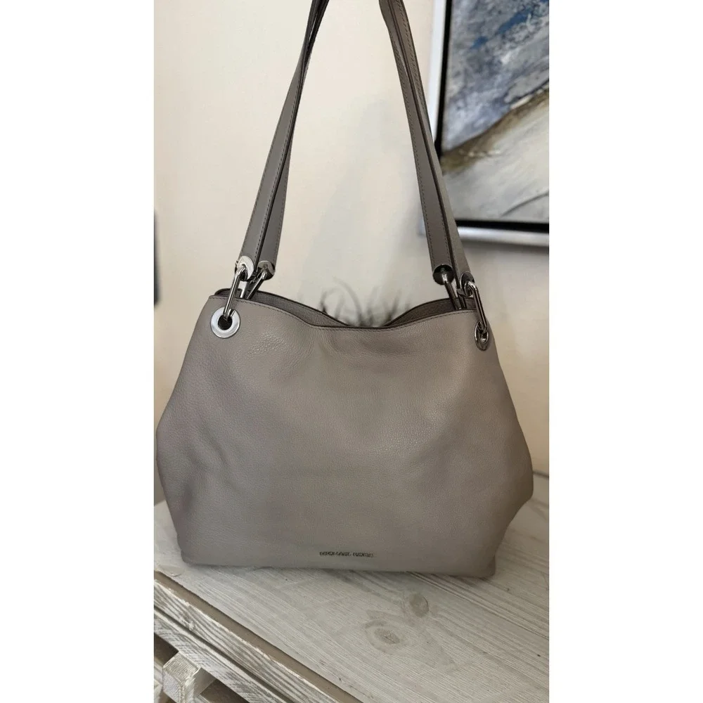 Michael Kors Shoulder Bag Purse Raven Stone Grey Pebbled Genuine Leather Large